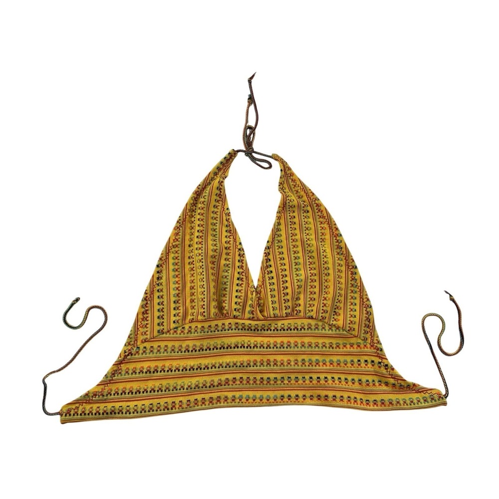 Vintage Halter Top Yellow Rainbow‎ Crop Retro Bobo Triangle String Tie Sz Medium